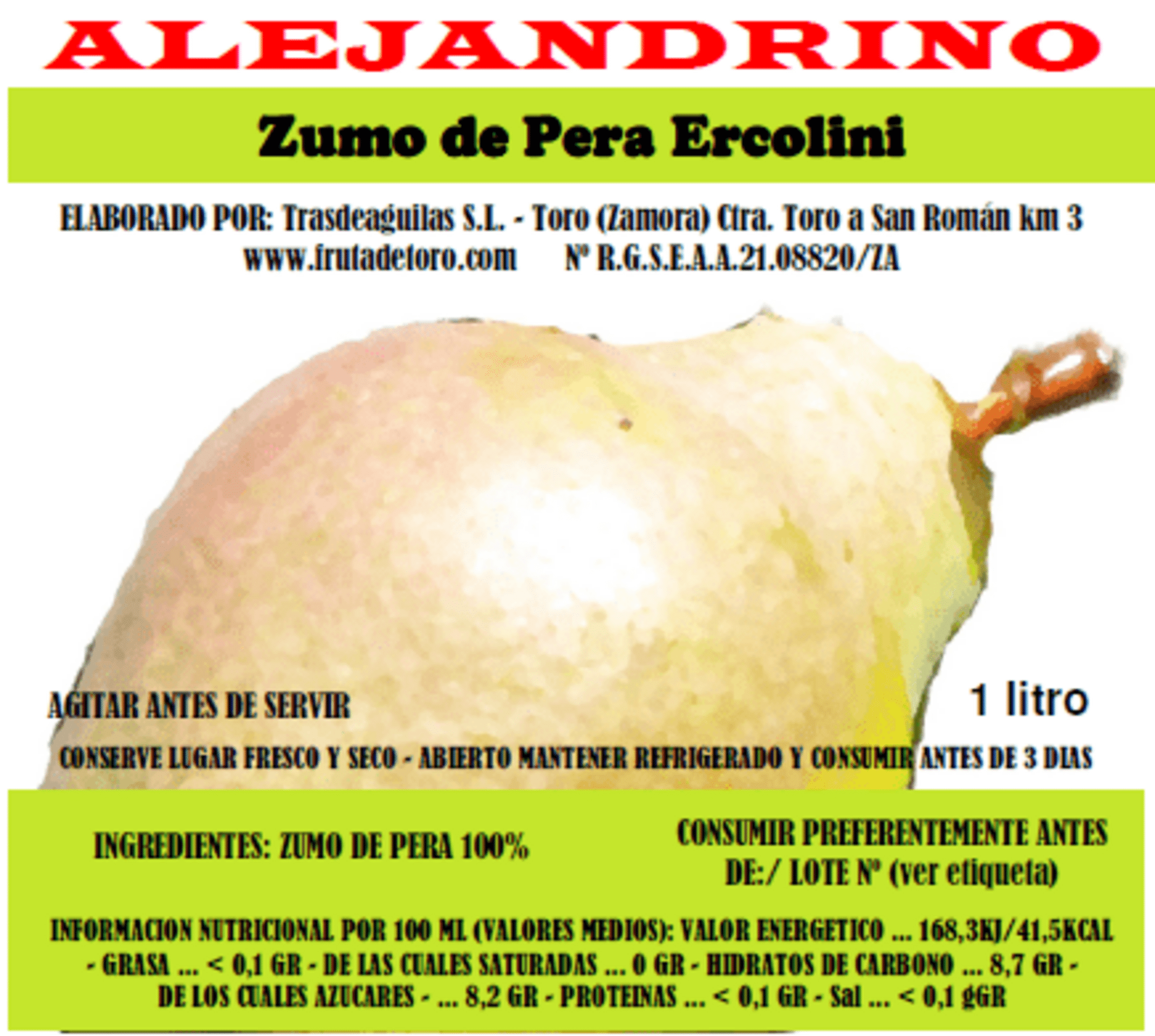 Alejandrino Zumo Natural de Pera Ercolini - 3 botellas - 3